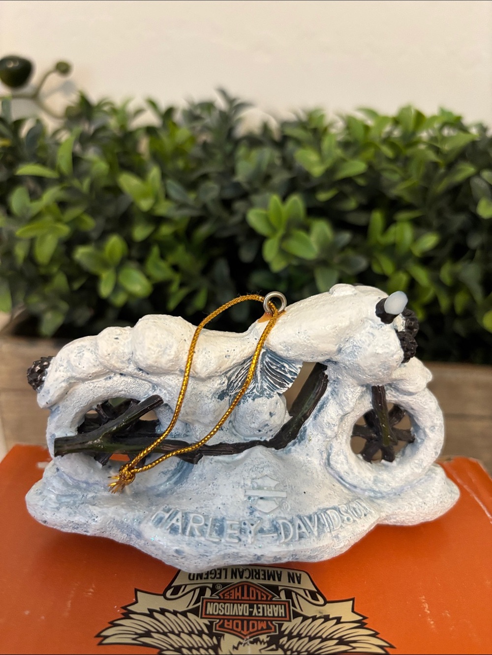 Harley-Davidson Vintage White and Black Motorcycle Ornament with Gold Cord